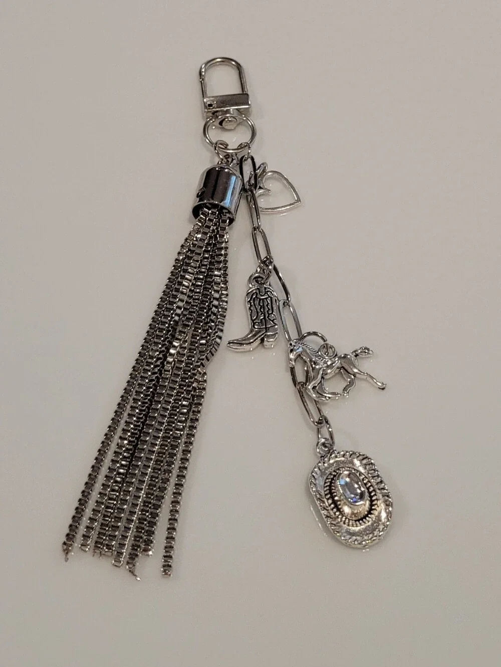 Western Theme Silver Tassel Charm Keychain with Cowboy Hat and Boot Charms